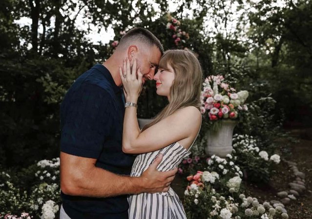 Football star Travis Kelce and pop icon Taylor Swift posted news of their engagement to their Instagram accounts on Tuesday, August 26, 2025. The celebrity couple has been together since 2023. See more photos of their love story. (Phoot by Taylor Swift and Travis Kelce/Instagram)