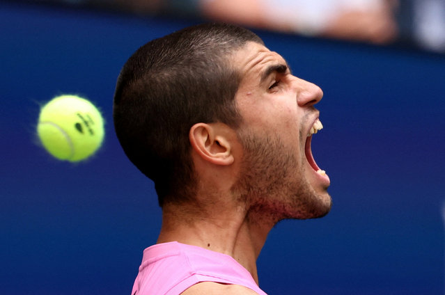 Spain's Carlos Alcaraz reacts during his quarter final match against Czech Republic's Jiri Lehecka at the U.S. Open in New York, on September 2, 2025. (Photo by Kevin Lamarque/Reuters)