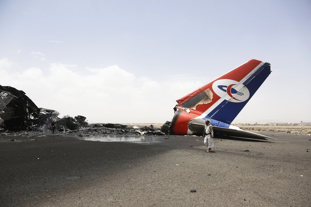 A plane belonging to Yemenia Airways, which is the flag carrier of Yemen, is damaged by aerial attacks carried out by Israeli war jets in the Sana'a International Airport on May 7, 2025 in Sana'a, Yemen. Houthi authorities said at least three people died in Israel's attack on the capital's main airport, which the Israeli military said was "fully disabled" by the strike. (Photo by Mohammed Hamoud/Getty Images)