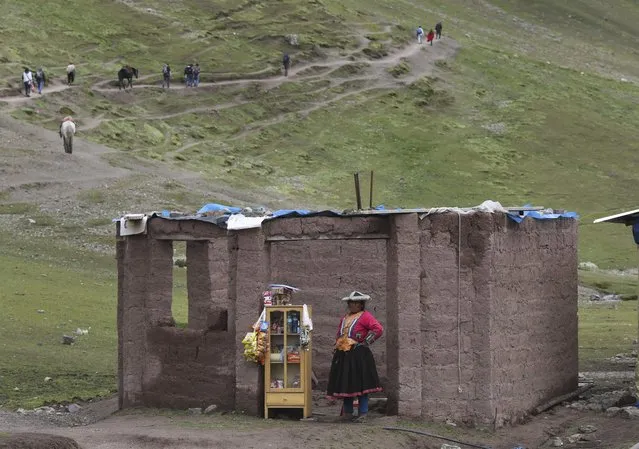 In this March 2, 2018 photo, an Andean woman sell candies, water and chips, on the route to Rainbow Mountain, in Pitumarca, Peru. The popularity of Rainbow Mountain, which attracts up to 1,000 tourists each day, has provided a much-needed economic jolt to this remote region populated by struggling alpaca farmers. (Photo by Martin Mejia/AP Photo)