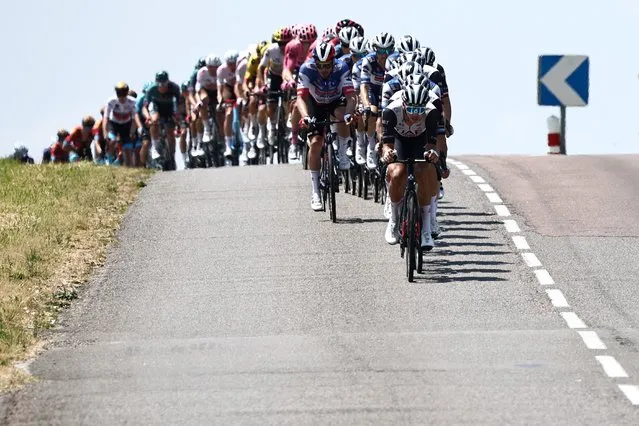The pack rides during the fifth stage of the 75th edition of the Criterium du Dauphine cycling race, 191,5km  between Cormoranche-sur-Saone and Salins-Les-Bains,  on June 8, 2023. (Photo by Anne-Christine Poujoulat/AFP Photo)