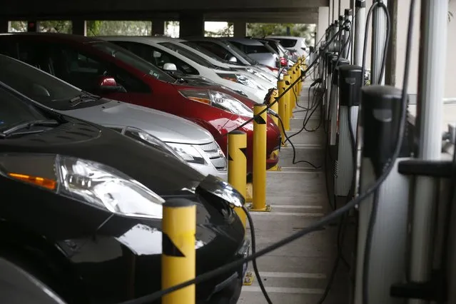 Electric cars sit charging in a parking garage at the University of California, Irvine January 26, 2015. “The Irvine Smart Grid Demonstration”, a $79 million project funded half by federal stimulus money and half by Edison and partners like UC Irvine, was launched in 2010. (Photo by Lucy Nicholson/Reuters)