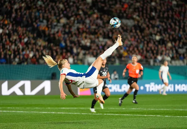 Ada Hegerberg of Norway shoots on goal during the FIFA Women's World Cup Australia and New Zealand 2023 Group A match between New Zealand and Norway at Eden Park on July 20, 2023 in Auckland, New Zealand. (Photo by Ulrik Pedersen/DeFodi Images via Getty Images)