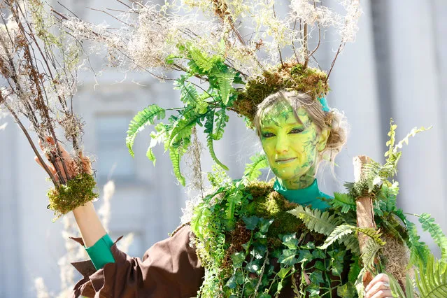 A woman dressed as a tree with the group The Forgotten Solution, poses for a picture at Civic Center Plaza after marching at the “Rise For Climate” global action on September 8, 2018 in downtown San Francisco, California. “Rise For Climate” is a global day of action demanding real climate solutions from local leaders. (Photo by Amy Osborne/AFP Photo)