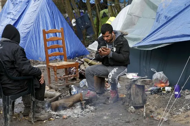 A migrant checks his mobile phone next to shelters in a muddy field called the Grande-Synthe jungle, near Dunkirk, northern France, January 12, 2016. (Photo by Benoit Tessier/Reuters)