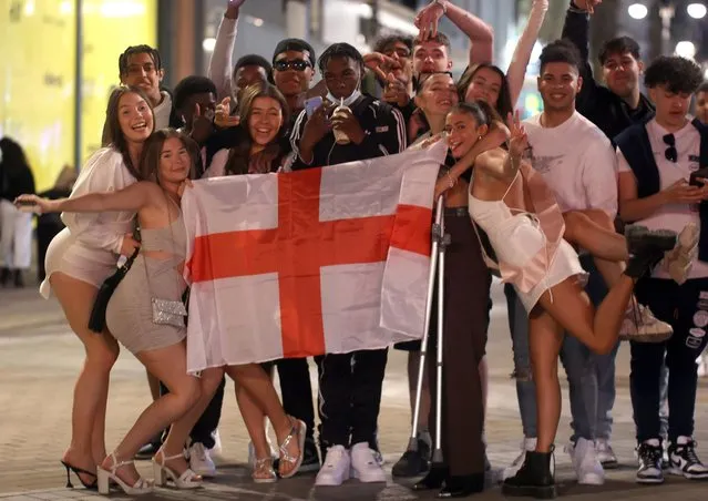 Boozed-up Brits were pictured singing and dancing in the streets in Leeds as Euros excitement hits fever pitch on June 12, 2021. England kick off their Euro 2020 campaign on June 13, when they face Croatia at Wembley Stadium. (Photo by Nb press ltd)