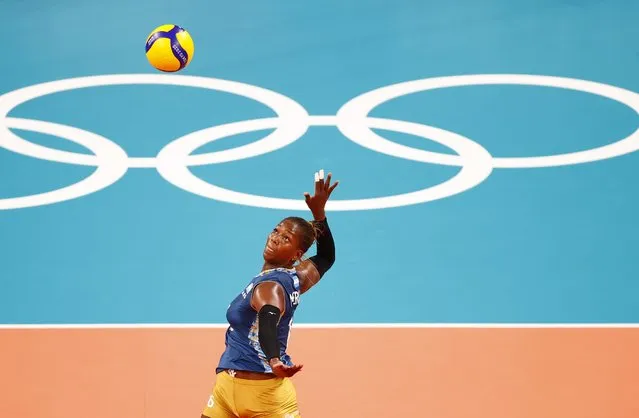 Erika Mercado of Argentina in action during volleyball women's qualifying round at Tokyo 2020 Summer Olympics between Russia and Argentina in Tokyo, Japan on July 27, 2021. (Photo by Carlos Garcia Rawlins/Reuters)