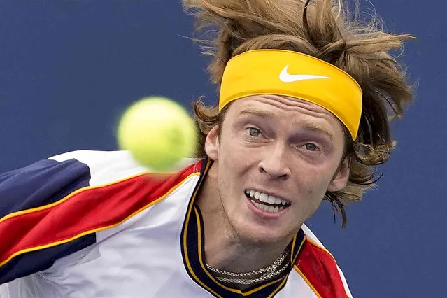 Andrey Rublev, of Russia, returns a shot to Pedro Martinez, of Spain, during the second round of the US Open tennis championships, Wednesday, September 1, 2021, in New York. (Photo by John Minchillo/AP Photo)