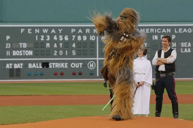 People dressed as Star Wars characters Chewbacca (front), Princess Leia (C) and Han Solo throw out the ceremonial first pitch before the MLB baseball game between the Tampa Bay Rays and the Boston Red Sox at Fenway Park in Boston, Massachusetts, United States May 4, 2015. (Photo by Brian Snyder/Reuters)