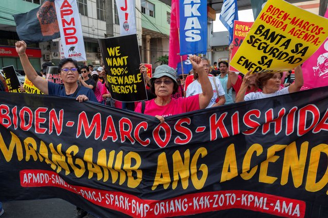 Filipino activists hold a protest amid the trilateral summit between the United States, Philippines and Japan, in Manila, Philippines, on April 11, 2024. (Photo by Lisa Marie David/Reuters)