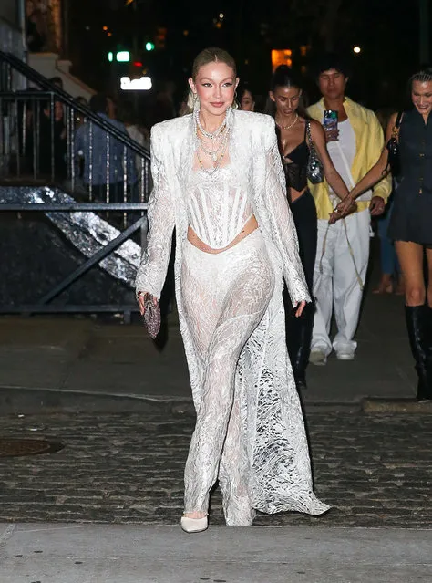 Birthday Girl Gigi Hadid wears a white lace outfit while arriving at Zero Bond for celebrate her 27th Birthday in New York City on April 24, 2022. (Photo by Felipe Ramales/Splash News and Pictures)