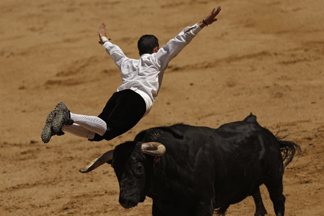 A “recortador” jumps over a bull during a “recortadores” festival at Las Ventas bullring in Madrid, Sunday, June 11, 2017. “Recortadores” is a performance consisting of leaping over a bull daringly and acrobatically, and the ones who dare to get closer to the bull and show less fear are the winners. (Photo by Francisco Seco/AP Photo)