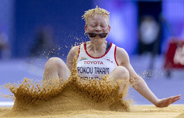 Spain's Sydney Fokou Takam takes a practice jump ahead of the Para Athletics Women's Long Jump - T12 finals at the Stade de France during the Paris 2024 Paralympic Games, Paris, France, Sunday September 1, 2024. (Photo by Ariana Suarez/IOC via AP Photo)