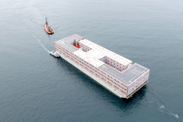 The Bibby Stockholm accommodation barge arrives into Falmouth, Cornwall, to undergo inspection on Tuesday, May 9, 2023. The 222-bedroom, three-storey vessel, will house around 500 migrants when it is in position in Portland Port, despite the concerns of Conservative council and police chiefs. (Photo by Matt Keeble/PA Images via Getty Images)