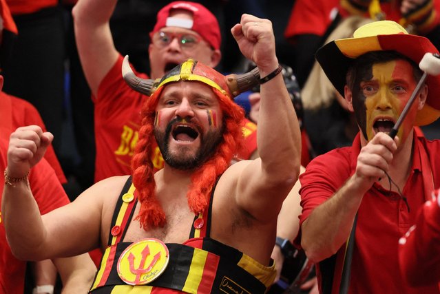 Belgium's supporters cheer during a match between Belgium's Zizou Bergs and Chile's Barrios Vera of the Davis Cup qualifiers World Group tennis meeting between Belgium and Chile in Hasselt, on February 1, 2025. (Photo by BEnoit Doppagne/Belga via AFP Photo)