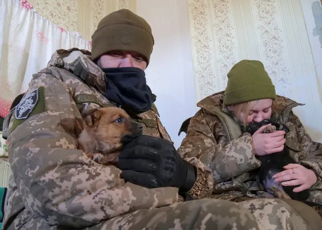 Ukrainian service members Valeriia, 28, and Oleksii, 36, hold puppies found two weeks ago in an abandoned house in a frontline, amid Russia's attack on Ukraine, near the town of Bakhmut, Donetsk region, Ukraine on December 5, 2022. (Photo by Vladyslav Smilianets/Reuters)