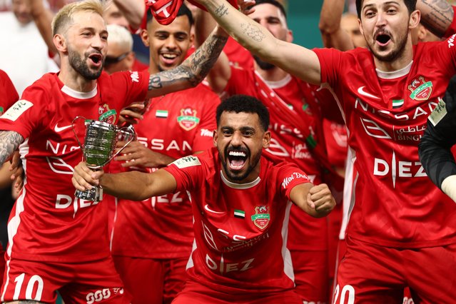 Players of Shabab Al Ahli celebrate after winning the Presidents Cup Final match against Sharjah FC  during the Presidents Cup Final match between Sharjah FC and Shabab Al Ahli at Mohammed Bin Zayed Stadium on May 09, 2025 in Abu Dhabi, United Arab Emirates.  (Photo by Francois Nel/Getty Images)