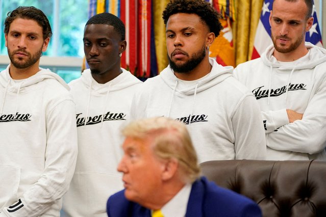 U.S. President Donald Trump speaks next to Manuel Locatelli, Timothy Weah, and Juan David Cabal players of the Juventus soccer team, in the Oval Office of the White House in Washington, D.C., U.S., June 18, 2025. (Photo by Nathan Howard/Reuters)