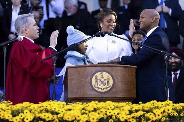 Wes Moore is sworn in as the 63rd governor of the state of Maryland by Maryland Supreme Court Chief Justice Matthew Fader, Wednesday, January 18, 2023, in Annapolis, Md. (Photo by Julia Nikhinson/AP Photo)