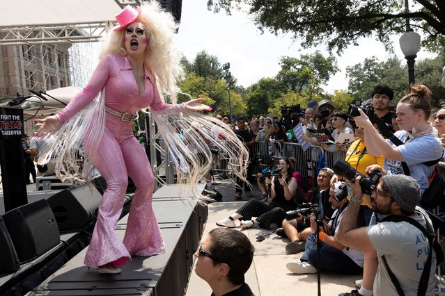 Drag queen Brigitte Bandit performs during the Fight the Trump Takeover, one of several held across the nation against Texas Republicans’ efforts to redraw the state's 38 congressional districts, at the State Capitol in Austin, Texas on August 16, 2025. (Photo by Nuri Vallbona/Reuters)