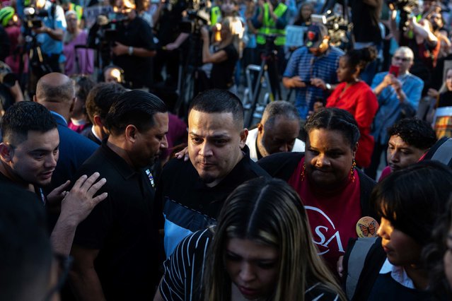 Kilmar Abrego Garcia, a Maryland man who was wrongfully deported to El Salvador in March and later brought back to the United States to face federal criminal charges, reports to a facility in Baltimore for an immigration check-in on Monday, August 25, 2025. He was taken into custody by immigration officials. A federal judge said Monday that she will order officials to keep Abrego Garcia in the country while she weighs a new legal challenge from him over the Trump administration’s plans to quickly deport him to Uganda. (Photo by Tierney L. Cross/The New York Times/Redux)