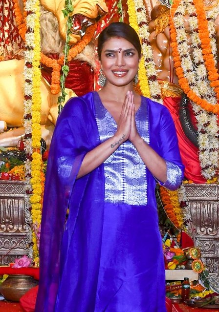 Indian actress Priyanka Chopra Jonas radiated grace as she attended the Durga Puja celebrations in Mumbai on September 30, 2025, dazzling in traditional attire that celebrated her cultural roots. (Photo by Kaushal Punatar/Ajay Patil/Backgrid USA)