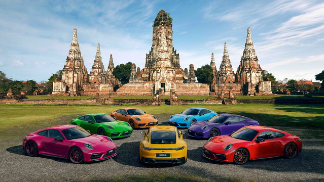 Porsche have unveiled an eye-popping limited range of supercars to mark an anniversary on March 23, 2023. The German marque are celebrating three decades in Thailand with a bespoke Porsche 911 Carrera GTS 30 Years Porsche Thailand Edition. The highly-collectible models pay homage to every colour of the day in the week in Thai culture. (Photo by South West News Service)