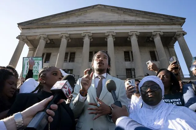 State Rep. Justin Jones, D-Nashville, delivers remarks outside the state Capitol Monday, April 10, 2023, in Nashville, Tenn. Jones, who was expelled last week from the GOP-led Tennessee House over his role in a gun-control protest on the House floor, was reinstated Monday after Nashville’s governing council voted to send him straight back to the Legislature. (Photo by George Walker IV/AP Photo)