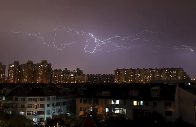 Lightning strikes across the sky above residential buildings during a thunderstorm in Beijing, China, September 11, 2015. (Photo by Reuters/Stringer)