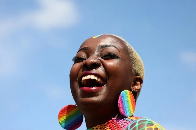 Umuhire Patience, 29, from Rwanda reacts at the Belgian and European Pride 2023, organised by the LGBTQIA+ community in Brussels, Belgium on May 20, 2023. (Photo by Yves Herman/Reuters)
