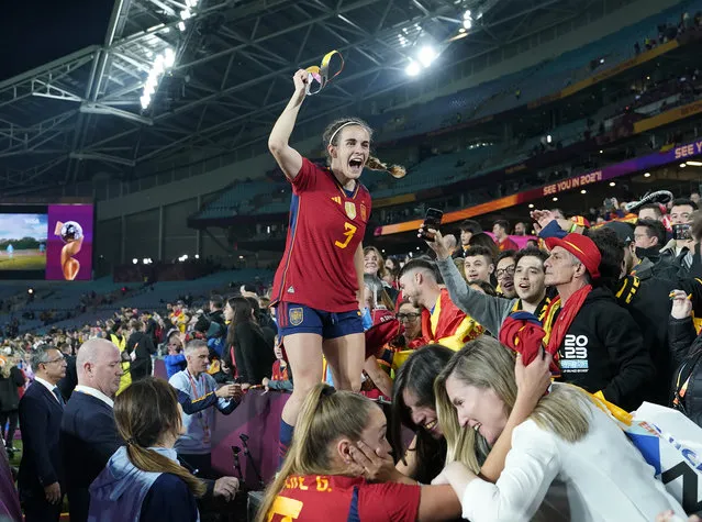 Spain midfielder Teresa Abelleira (3) celebrates after winning the FIFA Women's World Cup  2023 Final match between Spain and England on Sunday, August 20, 2023, at Stadium Australia in Sydney, Australia, (Photo by Jabin Botsford/The Washington Post)