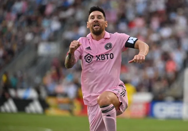 Inter Miami's Argentine forward #10 Lionel Messi celebrates scoring during the CONCACAF Leagues Cup semifinal football match between Inter Miami and Philadelphia Union at Subaru Park Stadium in Chester, Pennsylvania, on August 15, 2023. (Photo by Angela Weiss/AFP Photo)