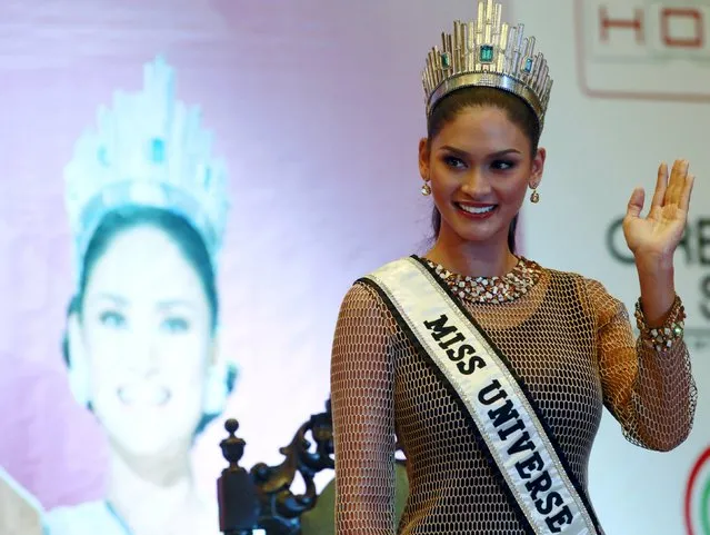Miss Universe 2015 Pia Wurtzbach waves during a news conference at a hotel in Quezon city, metro Manila January 24, 2016, after her return to the Philippines. (Photo by Romeo Ranoco/Reuters)