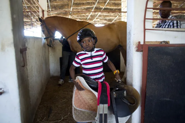 In this January 7, 2017 photo, Judeley Hans Debel, who walks on a prosthetic right leg, carries his saddle away after riding Tic Tac at the Chateaublond Equestrian Center in Petion-Ville, Haiti. After riding, Judeley gives Tic Tac a bath, and is also learning how to help hoist saddles onto the animals and prepare them for rides. (Photo by Dieu Nalio Chery/AP Photo)