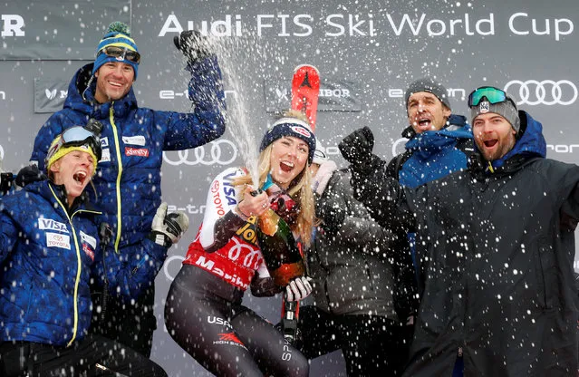 Mikaela Shiffrin of the US celebrates with her team after winning the FIS World Cup Slalom in Maribor, Slovenia on February 2, 2019. (Photo by Borut Zivulovic/Reuters)