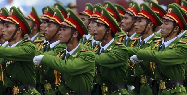 Vietnamese policemen march during a rehearsal for a military parade as part of the 40th anniversary of the fall of Saigon in southern Ho Chi Minh City (formerly Saigon City), Vietnam, on April 26, 2015. (Photo by Reuters/Kham)