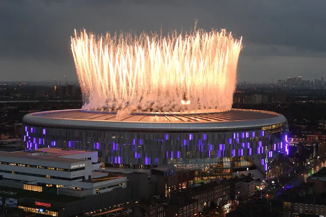 Fireworks explode off the new Tottenham Hotspur Stadium ahead of the Premier League match between Tottenham Hotspur and Crystal Palace at Tottenham Hotspur Stadium on April 03, 2019 in London, United Kingdom. (Photo by Mike Hewitt/Getty Images)