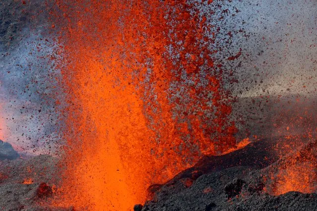 This aerial photograph taken on December 22, 2021 shows the erupting Piton de la Fournaise volcano on the French Indian Ocean island of Reunion. The Piton de la Fournaise, the volcano of Reunion, erupted for the second time of the year on December 22 at 3:30 am (12:30 am in Paris), indicates the volcanological observatory. At least three eruptive cracks have opened on the southern flank of the volcano in the enclosure (the central caldera of the volcano), volcanologists have noted. The eruption takes place in a totally uninhabited area. (Photo by Richard Bouhet/AFP Photo)