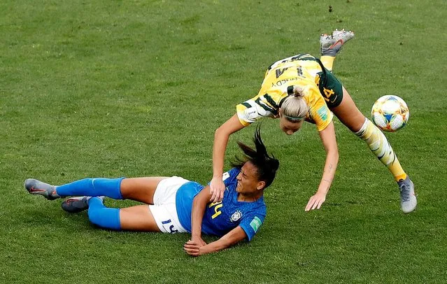 Brazil's Kathellen in action with Australia's Alanna Kennedy during the Australia vs Brazil, Group C match at the FIFA Women's World Cup at Stade La Mosson Stadium on June 13th 2019 in Montpellier, France. (Photo by Eric Gaillard/Reuters)