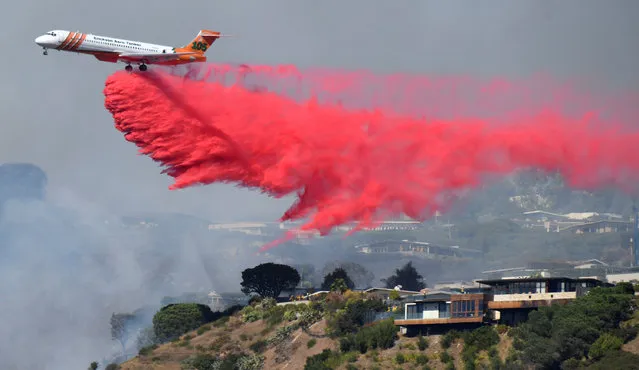 Firefighters battle a blaze from the air that was threatening homes in the Pacific Palisades community of Los Angeles, California, U.S., October 21, 2019. (Photo by Gene Blevins/Reuters)