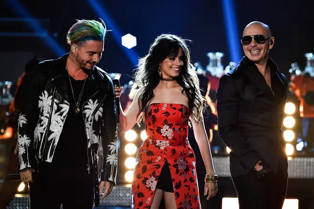 (L-R) Recording artists J Balvin, Camila Cabello and Pitbull perform onstage during the 2017 MTV Movie And TV Awards at The Shrine Auditorium on May 7, 2017 in Los Angeles, California. (Photo by Frazer Harrison/MTV1617/Getty Images)