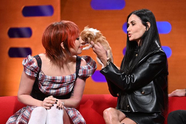 Lady Gaga, Demi Moore and Demi Moore's dog Pilaf during filming for the Graham Norton Show, at BBC Studioworks 6 Television Centre, Wood Lane, London on September 26, 2024, to be aired on BBC One on Friday evening. (Photo by PA Wire Press Association)