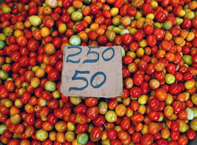A price board of tomatoes is seen at a main market in Colombo, Sri Lanka June 24, 2016. (Photo by Dinuka Liyanawatte/Reuters)