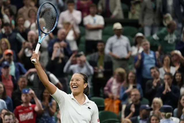 France's Harmony Tan celebrates after beating Serena Williams of the US in a first round women's singles match on day two of the Wimbledon tennis championships in London, Tuesday, June 28, 2022. (Photo by Alberto Pezzali/AP Photo)