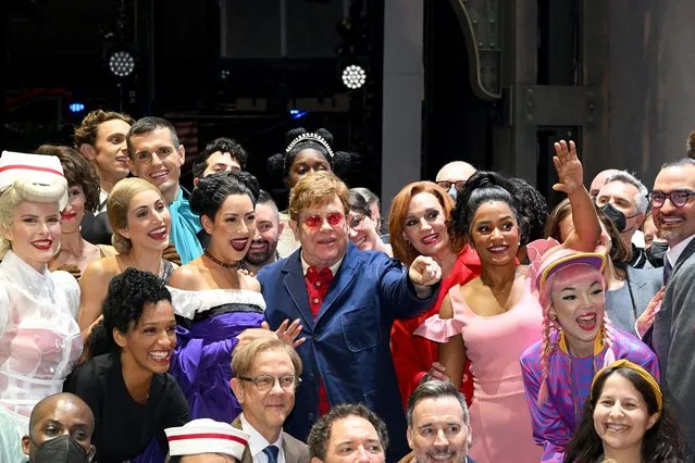 Elton John visits with the company of “The Devil Wears Prada, The Musical” after the evening performance at the James M. Nederlander Theatre on August 03, 2022 in Chicago, Illinois. (Photo by Daniel Boczarski/Getty Images for The Devil Wears Prada, The Musical)