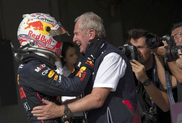 Red Bull's Max Verstappen celebrates after winning the United States Grand Prix with Red Bull advisor Helmut Marko at the Circuit of the Americas, Austin, Texas on October 23, 2022. (Photo by Ricardo Arduengo/Reuters)