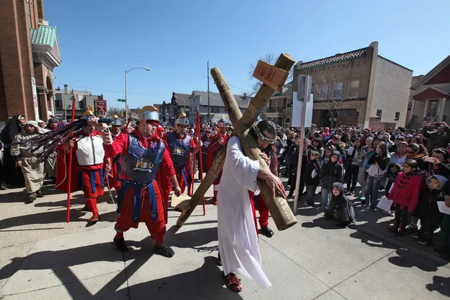 Jose Hernandez portrays Jesus as Catholic faithful gather at St. Vincent de Paul Parish, the first stop on  the 29th annual “Crucis Viviente”, on Good Friday, March 29, 2013. Coordinated by the Archdiocese of Milwaukee's Hispanic Ministry Office, performers from the Hispanic community will reenact the Stations of the Cross in Spanish.  The play recounts major events that occurred before Jesus Christ was sentenced to death by Pontius Pilate. Afterwards, actors, along with the Hispanic Catholic community of southeastern Wisconsin, will follow a mile-and-a-half street route as they pray the Stations of the Cross. Stopping at 15 designated areas, each “station” is marked by posters outlining how Jesus walked to his death and was resurrected (due to the large crowd expected, all streets during the route are closed to traffic).  The procession begins at 1 p.m. at St. Vincent de Paul Parish, 2114 W. Mitchell St., Milwaukee. Archbishop Listecki will read Scripture at the ninth station at approximately 3 p.m., at St. Hyacinth Parish, 1414 W. Becher St., Milwaukee. The event concludes at the Basilica of St. Josaphat, 601 W. Lincoln Ave., Milwaukee at approximately 5 p.m. (Photo by Rick Wood)