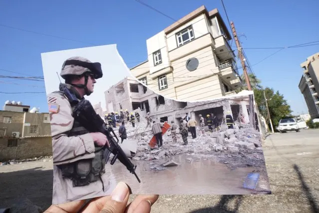 A photograph of a US soldier securing the area near a destroyed building after two car bombs detonated in a central Baghdad residential neighborhood, Friday, Nov. 18, 2005, killing at least six people and wounding dozens, is inserted into the scene at the same location Friday, March 10, 2023, 20 years after the U.S. led invasion on Iraq and subsequent war. (Photo by Hadi Mizban/AP Photo)