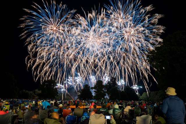 Firework displays light up the sky as teams battle for the fireworks champions title at Newby Hall on August 24, 2024 in Ripon, England. The event takes three of the UK’s best firework companies as they compete against each other with a 10-minute firework display choreographed to music. The event ends with a huge finale display. The types of fireworks being used by the companies are unlike any material used for fireworks available to the general public, each company uses category 4 fireworks, which are only for professional use and the biggest available in the UK. After watching the displays the audience decide on the winner of the Fireworks Champions title, by voting using their phones. (Photo by Ian Forsyth/Getty Images)