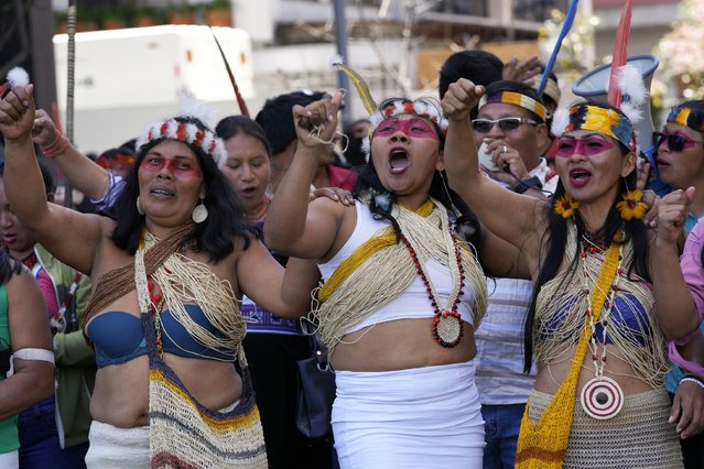 Waorani Indigenous women take part in a demonstration demanding authorities comply with the provisions of a popular consultation that puts an end to oil extraction in a sector of the Amazon where Indigenous people live, in Quito, Ecuador, Tuesday, August 20, 2024. (Photo by Dolores Ochoa/AP Photo)